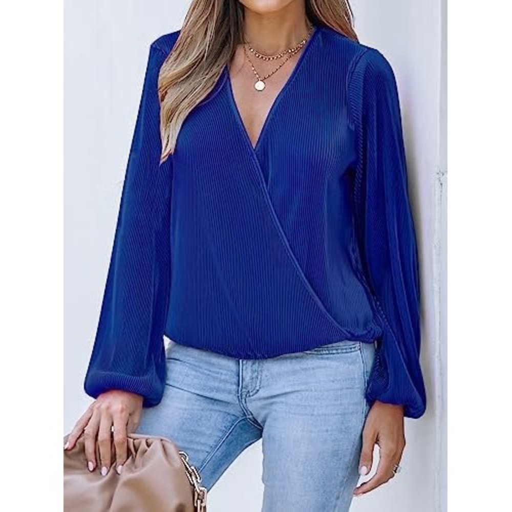 Royal Blue Pleated Wrap‎ Blouse